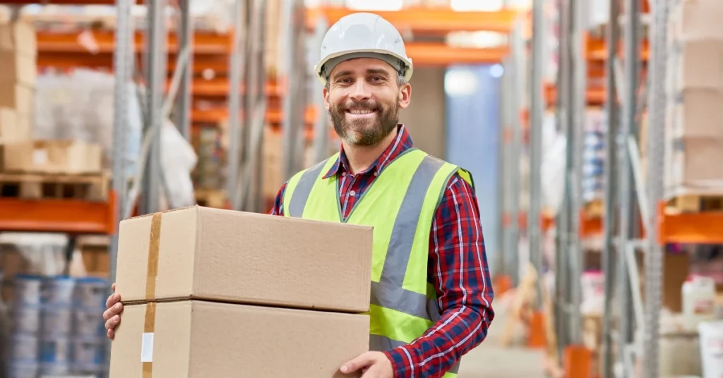 worker carrying goods to measure shipping size and weight for calculating cost to ship to FBA